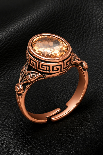 OSMANLI GÜMÜŞ Women's Copper Ring with Champagne Natural Stone Oval Model Cop...