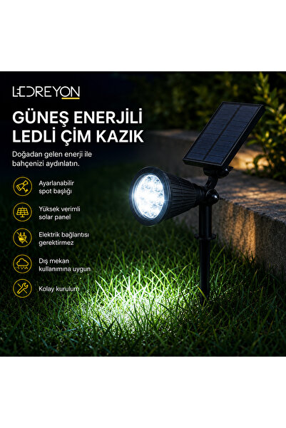 LEDREYON 7w Beyaz Işık Güneş Enerjili Solar Çim Bahçe Aydınlatma Armatürü Led...