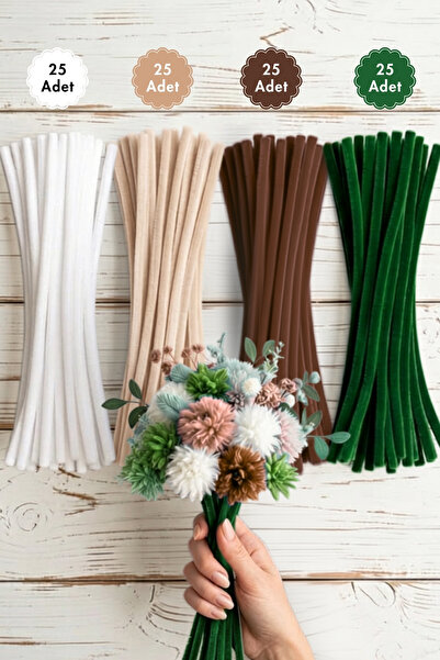 Bimotif 100lü tüylü tel şönil, 30 cm (25er adet Yeşil, Kahverengi, Bej, Beyaz...