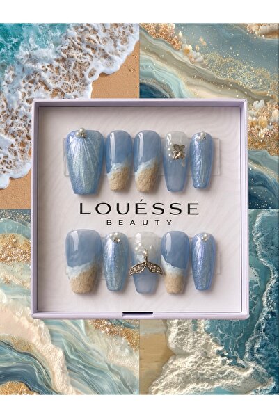 Louesse Beauty LOUÉSSE BEAUTY El Yapımı Takma Tırnak Deniz Temalı Mavi Sedefl...