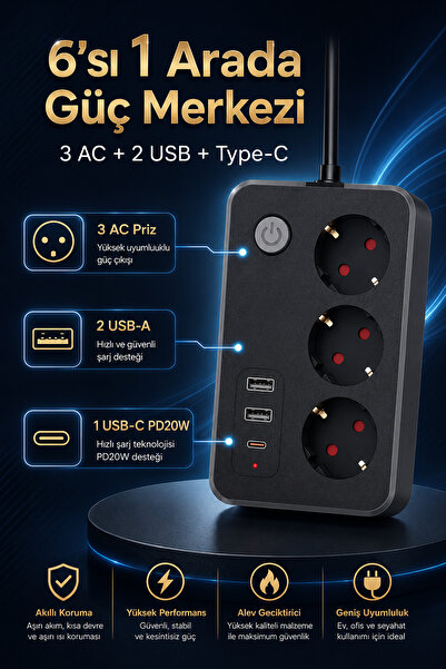 The Wlue 3'lü Akım Korumalı Priz 2500W | 2x USB-A + Type-C PD 20W | 2 Metre U...