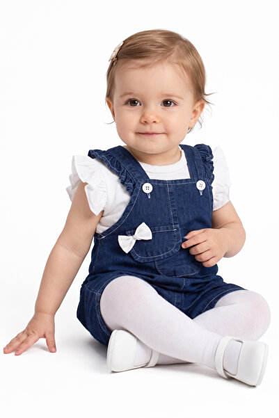 bebegen Baby Girl White Denim Overalls Set with Pockets and Bow