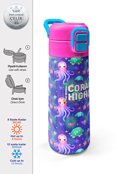 Coral High Kids Lavanta Turkuaz Deniz Temalı Pipetli ve Direkt İçim Çelik Ter...