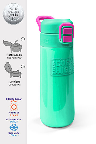 Coral High Kids Pembe Su Yeşili Pipetli ve Direkt İçim Çelik Termos 500 ml 31825