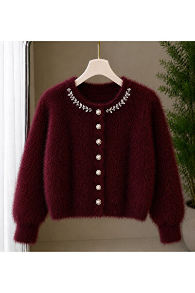 NATUFIAN STORE Women's Collar with Stone Detail, Furry Plush Look Basic Knitw...
