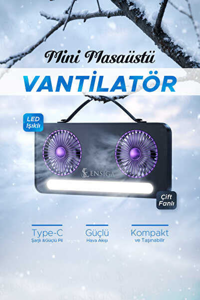 EN SİGA LED Işıklı Çift Fanlı Mini Masaüstü Vantilatör 1200mAh Şarjlı Taşınab...