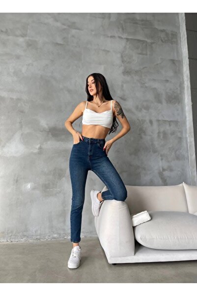 MODAHAUS.RO Blugi straight fit NYC albastru închis cu talie înaltă