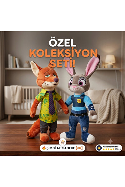 TrendTopic Zootopia Peluş Oyuncak Nick ve Judy 2 li Set Kıyafetler Dahil