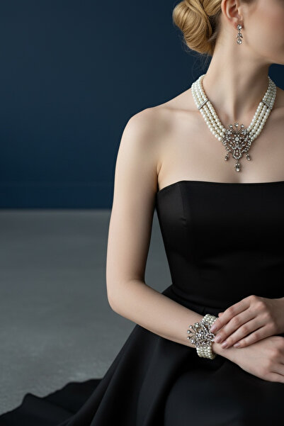 FUYA JEWELLERY Zirkon Taşlı Elmas Montür İnci Tasma Kolye, Küpe ve Bileklik Set