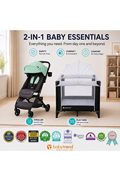 babytrend حزمة 2 في 1 من سرير الأطفال المتنقل تويينكل ميدنايت مع عربة تانجو ا...