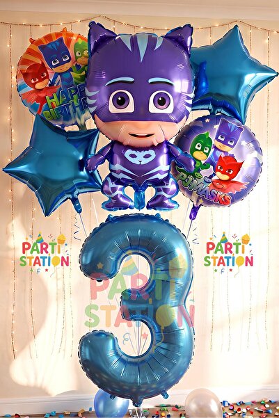 Parti Station PjMasks Kedi Çocuk 3 Yaş Doğum Günü Parti Balon Set Pijamaskeli...