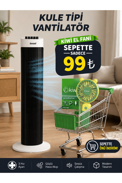Kerasus BOOD 80 cm Kule Vantilatör 45W Sessiz Kule Fan 3 Kademeli Hız Ayarlı ...
