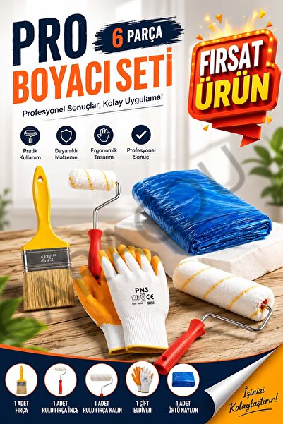6 Pieces Pro Paint Whitewash Set - 2 Roller Brushes + 1 Shortcut Brush + 1 Pair of Gloves + Floor Covering