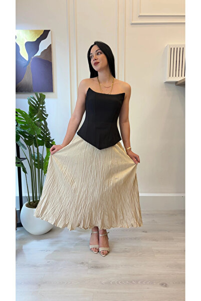 SHIN Butik Bej Piliseli Maxi Etek (Akışkan Kumaş)