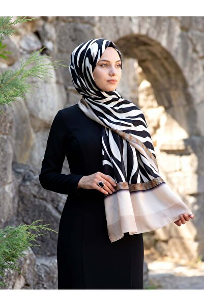 Vissona %100 Saf İpek Şal İnce Saten Vual Dokuma Zebra Desenli 90x210 Şal