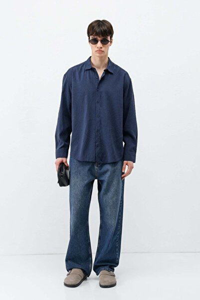 VAMOSCLO Oversize Shirt with Stitching Detail Navy Blue