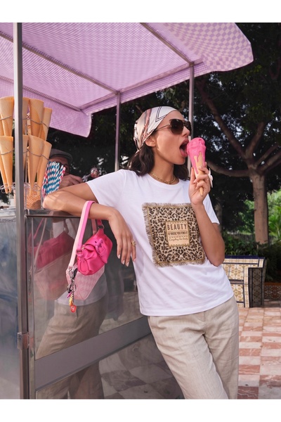 ONLOOX White Cotton Crew Neck Short Sleeve Regular Fit Stone Printed Leopard ...