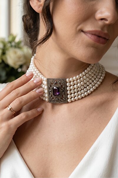 FAYRA ACCESSORIES Kristal Taşlı İnci Tasma Kolye