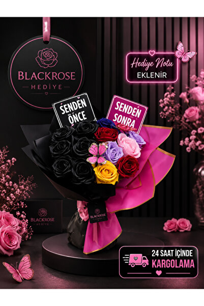 blackrosehediye Uzun Saplı Siyah Karışık Renk Yapay Gül Buketi Kelebek Detayl...