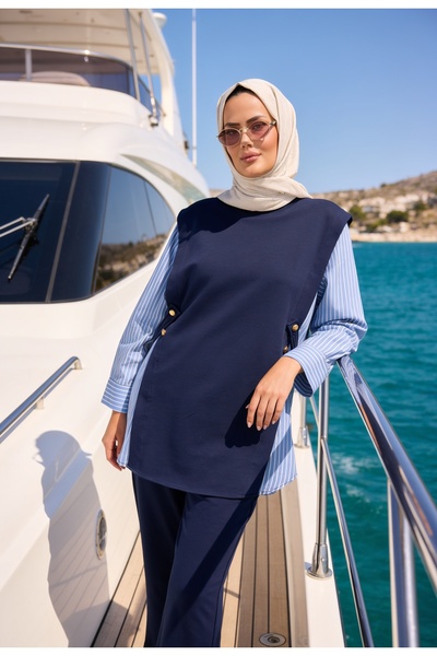 Aselim Hijap Moda Liora Kadın Tesettür İkili Takım – Pamuklu İki İplik Gömlek Detaylı-Lacivert