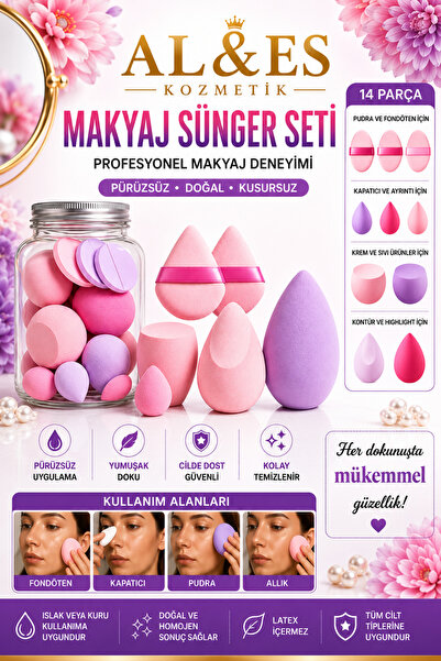 AL&ES kozmetik 14 Parça Kavanoz Kutulu Makyaj Süngeri Seti Beauty Blender Fon...