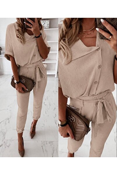 Generic Brand Women's short sleeve button-down blouse and pants two-piece set
