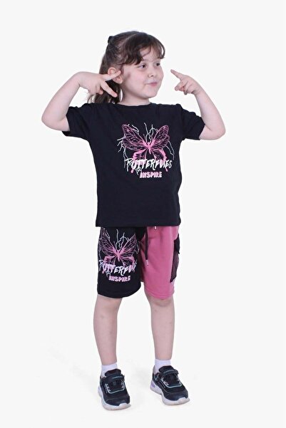 Markahit Butterfly Printed Cargo Pocket Girls' Summer Set Capri Bottom Top