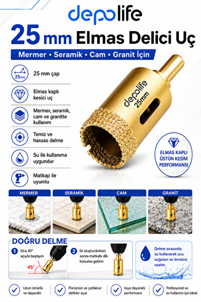 Depolife Mermer Seramik Cam Granit Delmek için 25mm Panç Delici Elmas uçlu Bu...