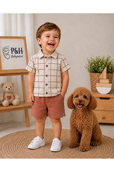 P&H BABYWEAR طقم صيفي للأطفال الأولاد مكون من قطعتين: قميص وشورت قماش منقش