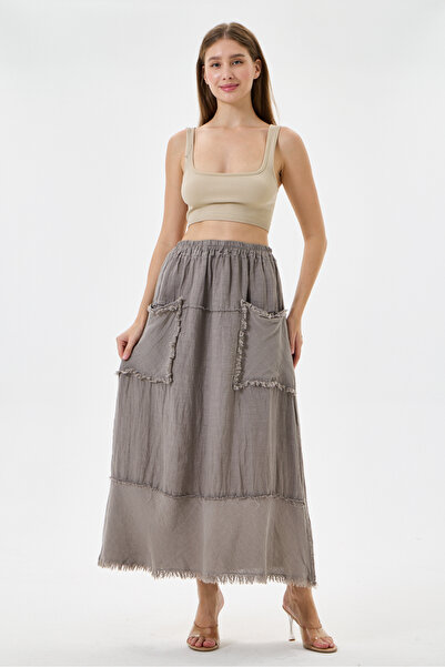 della moor Mink Italian 100% Linen Long Linen Skirt with Elastic Waist and Ta...