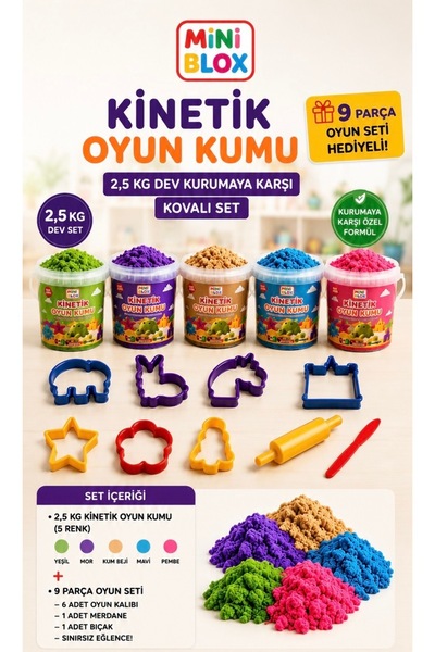 MİNİBLOX Doğal Kinetik Oyun Kumu 5 renk 2,5kg (6 Adet Oyun Kalıbı Hediyeli)