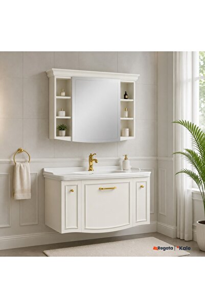 KALE Arte+ 100 Cm Parlak Beyaz Banyo Dolabı Takımı (Altın Kulp)