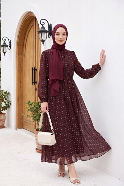 Modamorfo Lined, Elastic Waist, Polka Dot Patterned Long Chiffon Dress - Burg...