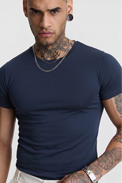 Buteks Lacivert A Kalite Pamuklu Slimfit Dar Penye Likralı Body T-Shirt