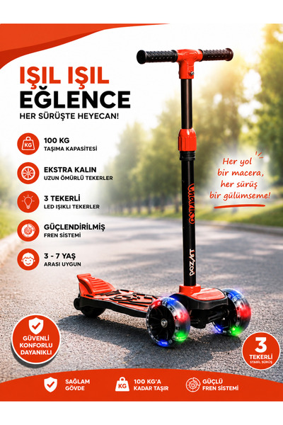 POZART Scooter Chanky Kalın ve Led Işıklı 3teker Güçlü Fren 100kğ Kapasite 3k...