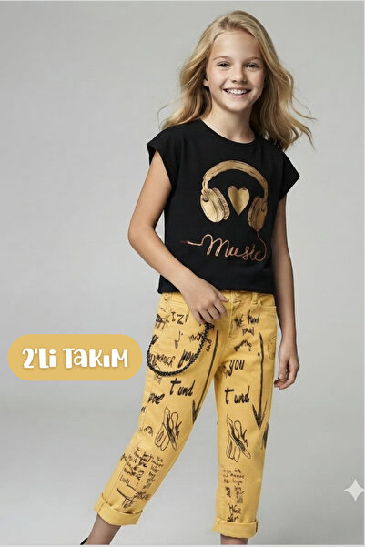 Hilal Akıncı Kids Girl's Earmuff Printed Black T-Shirt Chain Written Denim Ca...