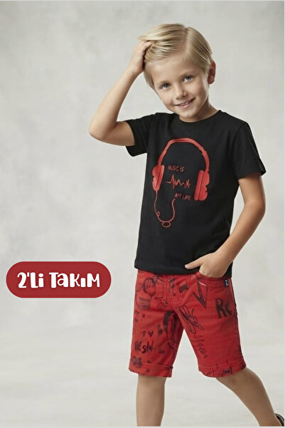 Hilal Akıncı Kids تي شيرت أسود مطبوع عليه سماعات أذن للأولاد، شورت جينز مزين ...