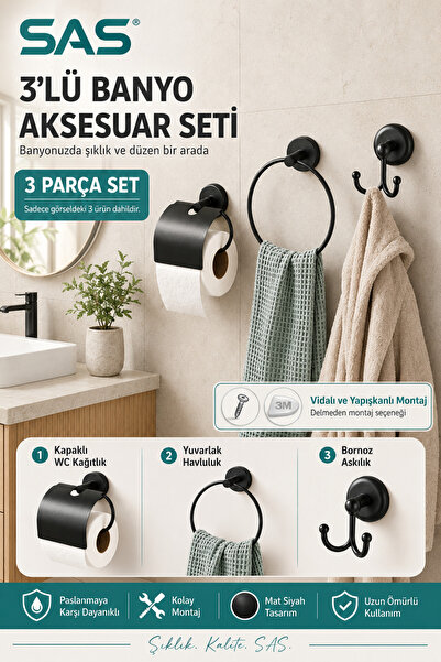Sas Haus 3’lü Siyah Banyo Aksesuar Seti Kapaklı WC Kağıtlık Yuvarlak Havluluk...