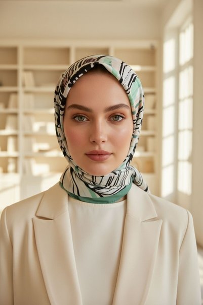 Vissona %100 Saf İpek Şal İnce Saten Vual Dokuma Geometrik Desenli 90x210 Şal