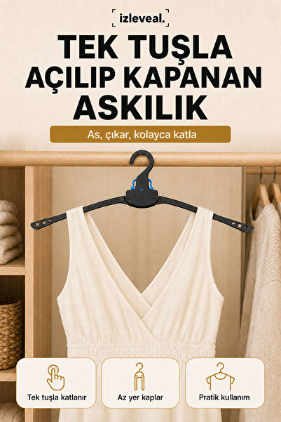 Askı Katlanabilir Siyah 6'lı Set Elbise Askısı Dolap ve Seyahat İçin