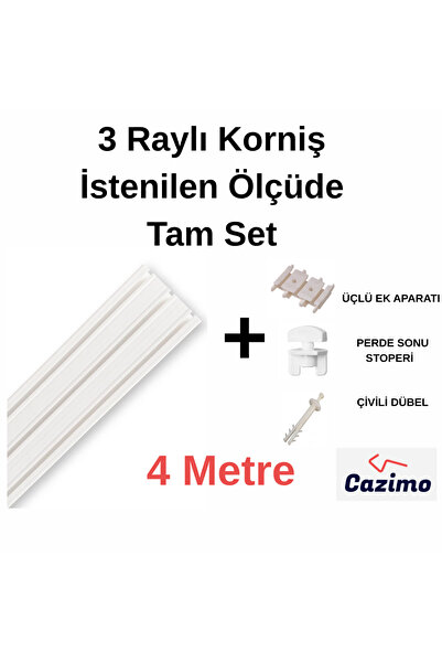 CAZIMO Üçlü Korniş Rayı PVC Perde Rayı Ölçü Seçenekli Tavan Tipi Beyaz Korniş...
