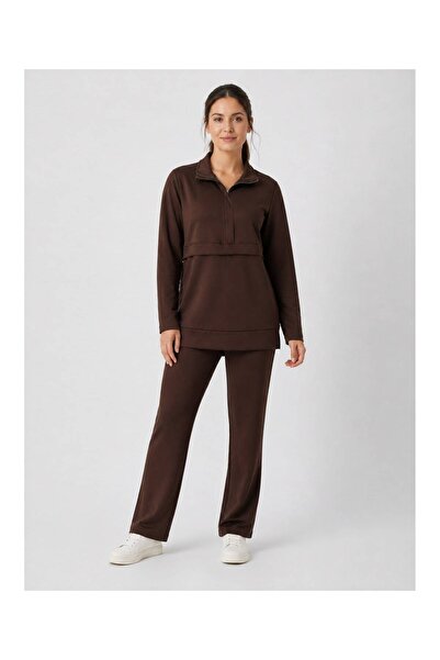 Köşedeki Dükkan Half Zipper Detailed Premium Modal Double Suit - Bitter Brown