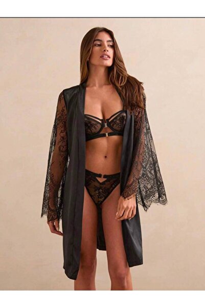 Jermo Women's Satin Sleeves French Lace Detailed Comfortable Ke Glittery Soli...