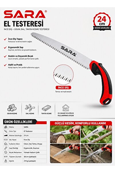 SARA S905 İnce Diş Ağaç Odun Dal Tahta Budama Testeresi 240 mm