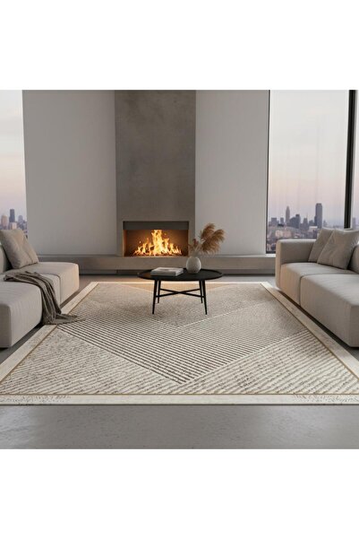 Carpettex Dijital Baskılı Kahve–Bej Modern Halı – Kaymaz Tabanlı Geometrik Desenli Kolay Temizlenebilir Kaymaz