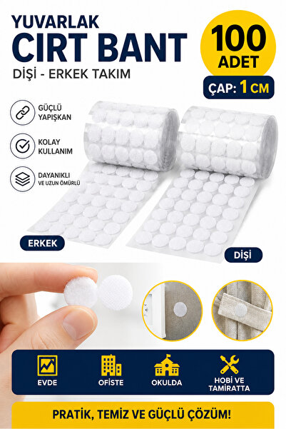 Dünya Magnet 100 Adet - Yuvarlak Cırt Bant, Çap: 1 Cm, Beyaz, Yapışkanlı, Par...