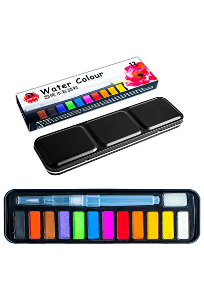 OEM Acuarele 12 culori, cutie metalică, pensulă cu rezervor de apă