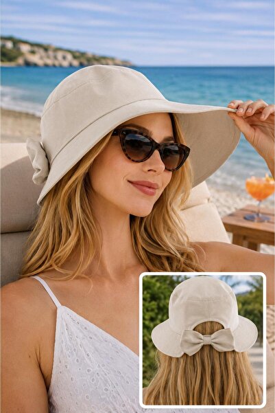 Wearflawless Kadın Keten Bucket Fiyonklu Bej Yazlık Plaj Şapkası, Ayarlanabil...