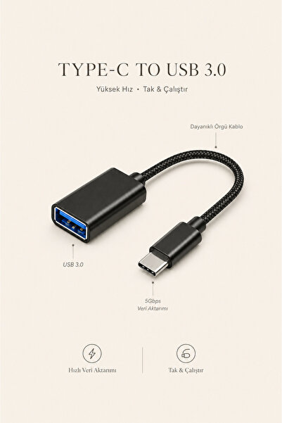MVLH Type-C to USB 3.0 OTG Dönüştürücü Adaptör - 5Gbps Hızlı Veri Aktarımı Ör...