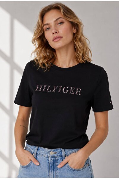 Tommy Hilfiger Women's Black Regular Feather Print Open Neck Tee T-Shirt